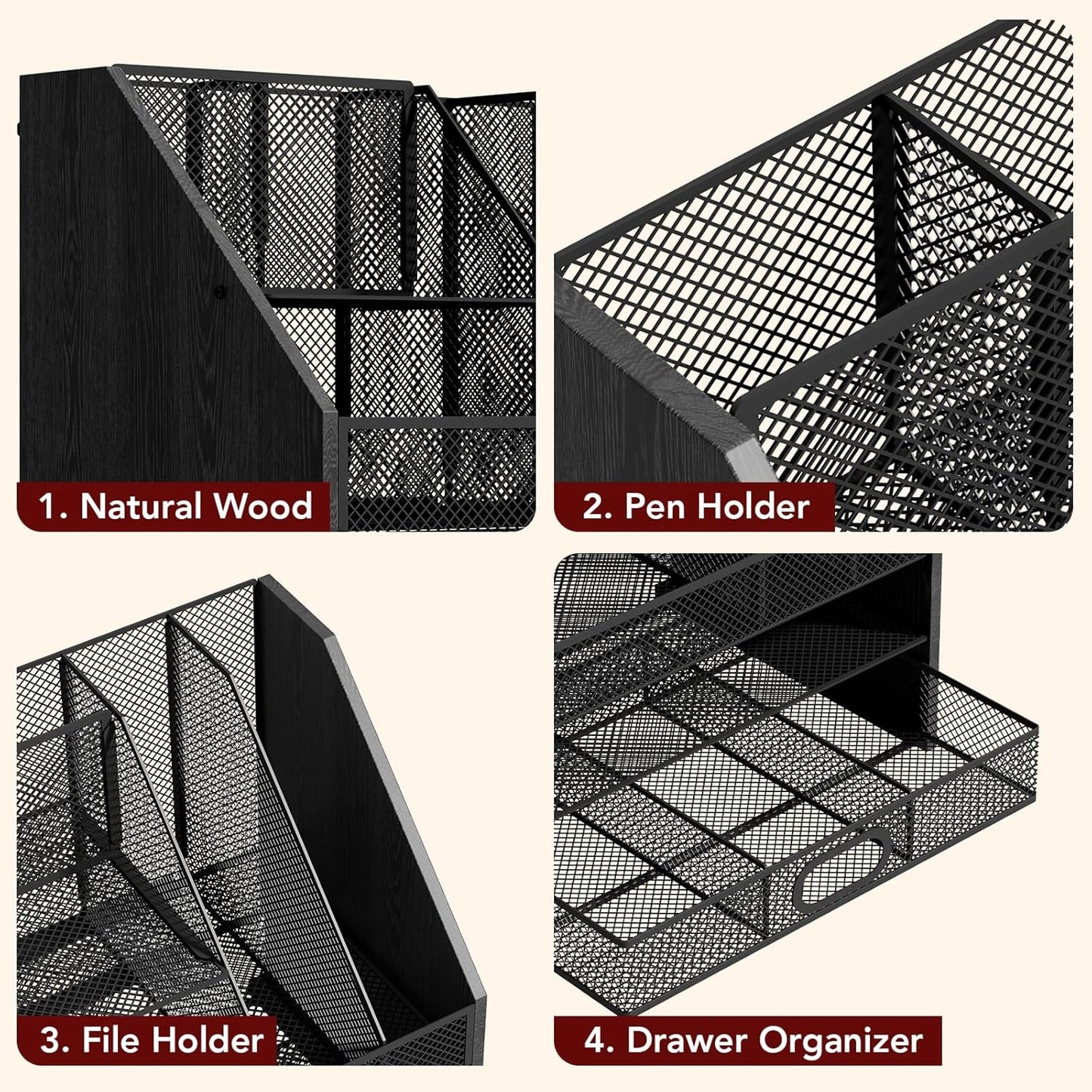 Homsorout Wooden Desk Organizer - Mesh File Organizer with Drawers and Pen Holder - 4-Tier Vertical Paper Letter Storage Tray, Desktop Organizers and Accessories for Home Office