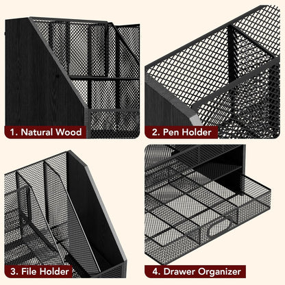 Homsorout Wooden Desk Organizer - Mesh File Organizer with Drawers and Pen Holder - 4-Tier Vertical Paper Letter Storage Tray, Desktop Organizers and Accessories for Home Office