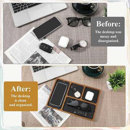 Walnut Wooden Valet Tray for Men, PU Leather Inlay Nightstand Organizer, Bedside Table Tray with Cable Slot for Keys, Phone, Watch, Jewelry