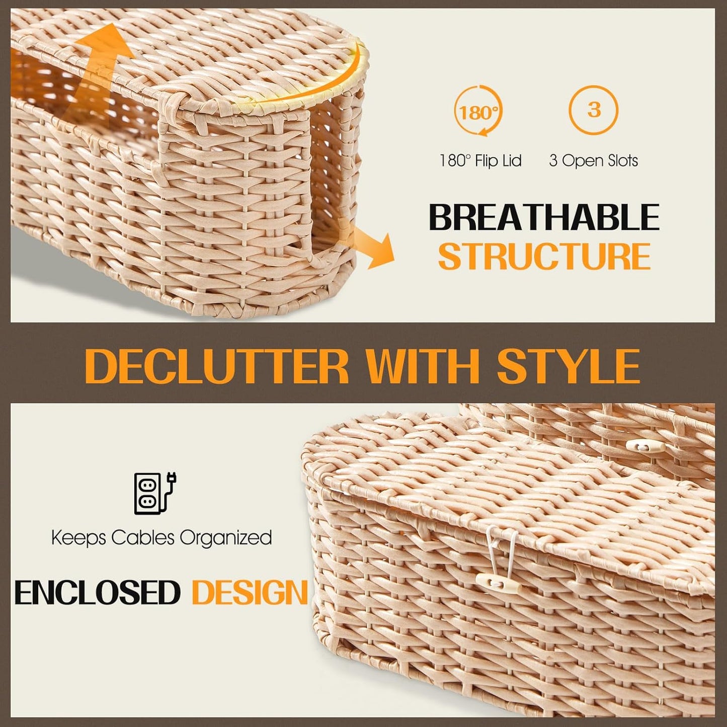 FairyHaus Cable Management Box 2Pack Caramel, Handwoven Large and Small Cable Organizer Box Cover to Hide Cords and Power Strip, Imitation Wicker Cord Organizer Box Hider for Office Desk and Floor