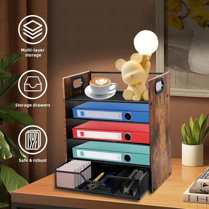 Wood Desk Organizer - 3-Tier Desktop File Organizer with Drawer, Wooden Paper Tray, Office Desk Organzier and Accessories for Papers, Mail, Notebooks, Stationery