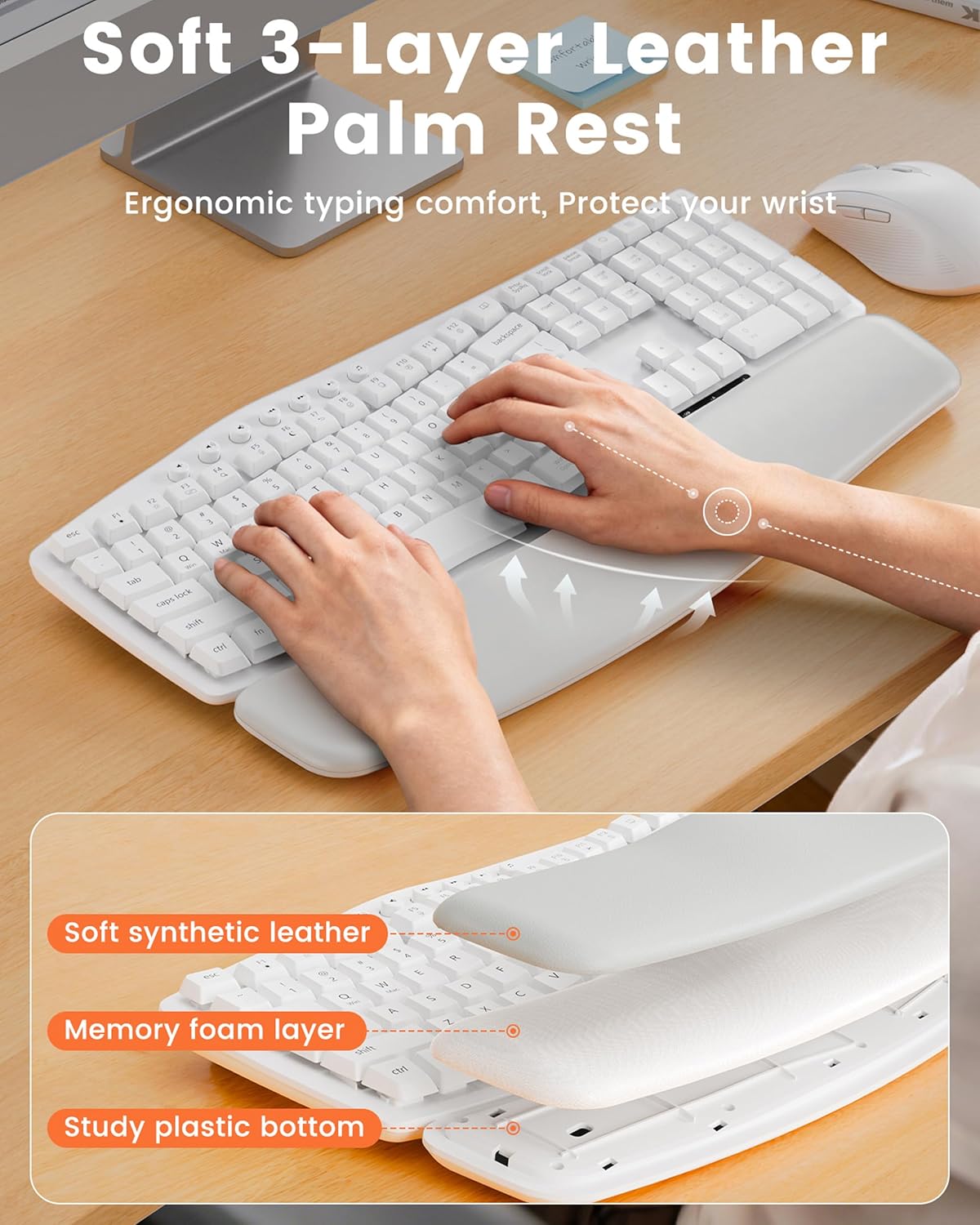 Wireless Keyboard and Mouse Combo, SABLUTE MA41 30dB Quiet Ergonomic Wave Keyboard Set with Soft Leather Palm Rest, Dual-System Switch for Windows/Mac, Ideal for Business Teams Home Office