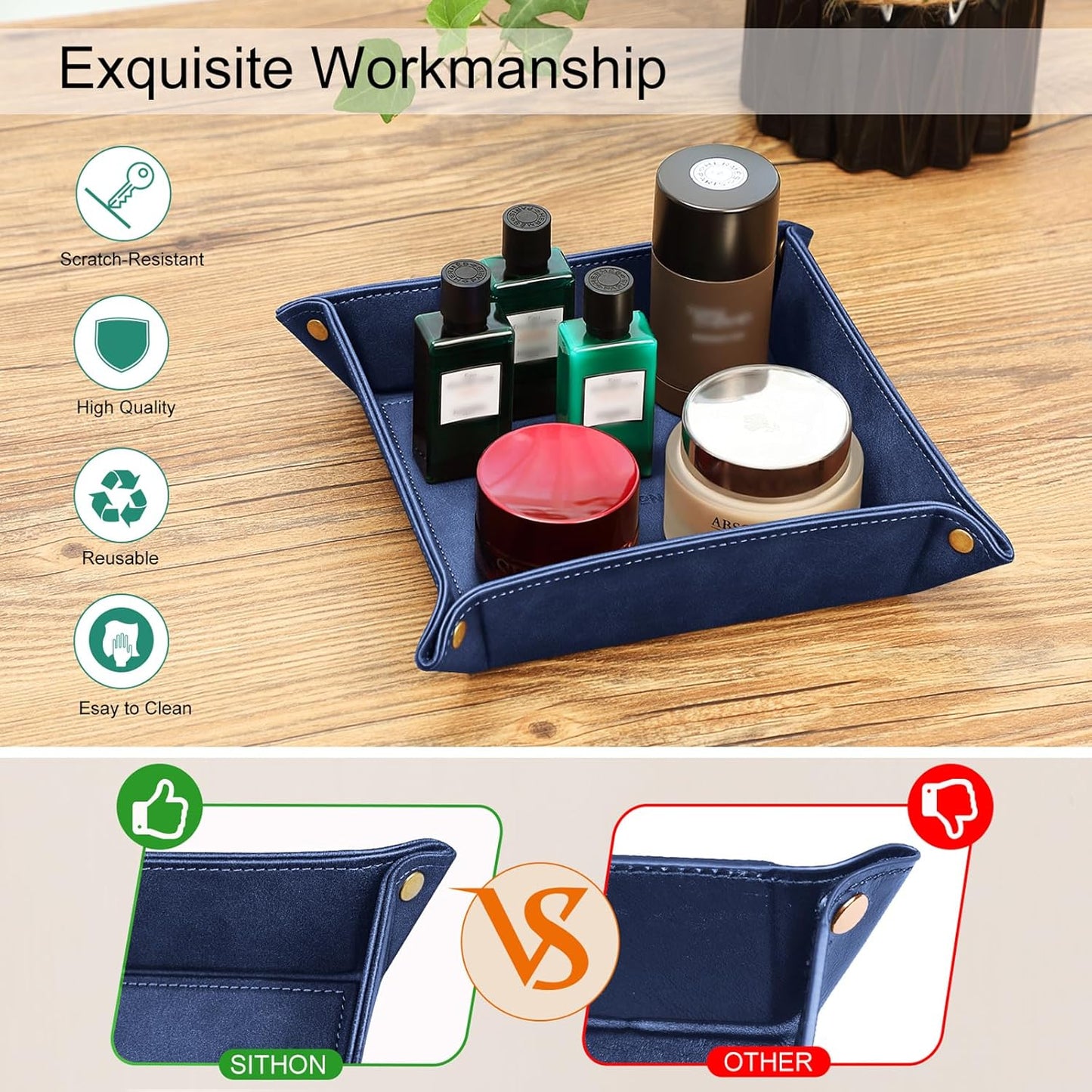 SITHON Valet Tray Desktop Storage Organizer – Premium PU Leather Catchall Bedside Vanity Tray Nightstand Caddy Holder for Keys, Phone, Wallet, Coin, Valentine's Day Gift, Brown