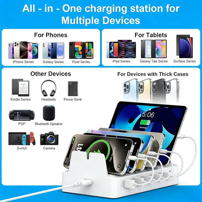 Charging Station for Multiple Devices, 6 Port USB Desktop Charger Dock Compatible with iPad, Samsung, Android, Tablet, Family Multi Phone Charging Organizer with Divider Holders, Fireproof ABS (White)