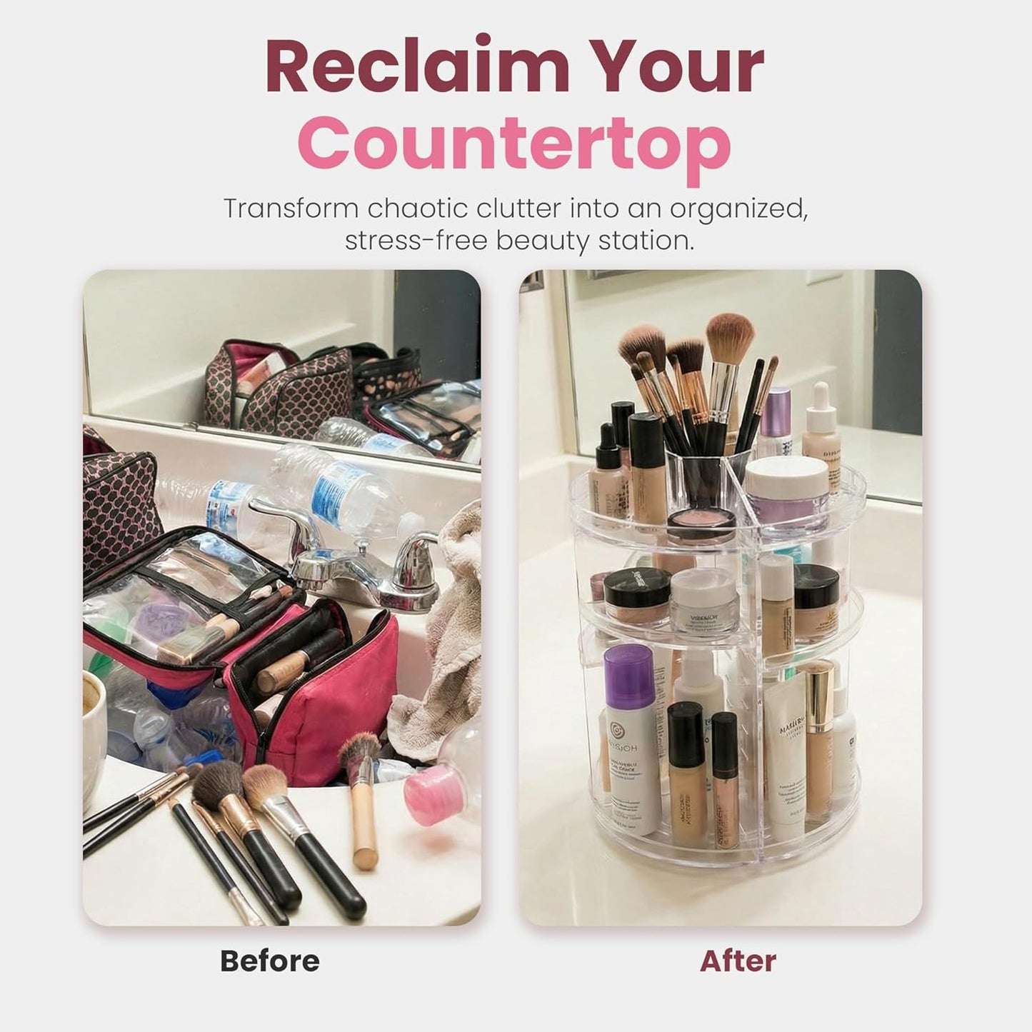 Masirs Small 360 Rotating Makeup Organizer - Mini Yet Spacious Cosmetic Storage Solution with Multiple Compartments - The Perfect Spinning Make-Up Caddy for Vanity or Bathroom Counter (Round - Clear)