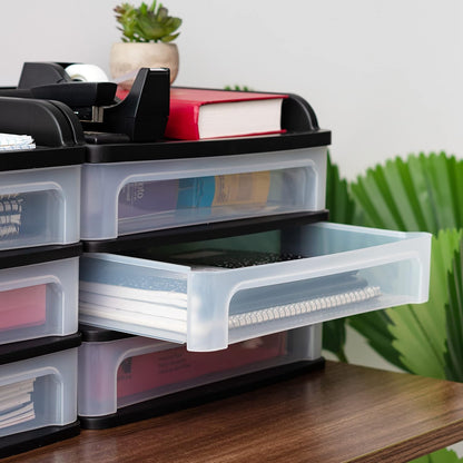 IRIS USA Plastic Stacking Desk Top 3-Drawer Storage Organizer, 2-Pack, for Makeup Vanity Nail Polish Bathroom Stationery Art Craft Supplies Kitchen Office Garage and Small Organization, Small, Black