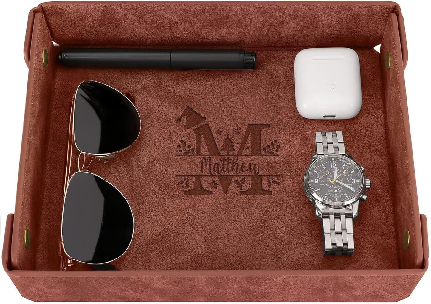 Engraved Leather Valet Tray for Men – Personalized Catchall with Custom Name for Desk, Dresser, Nightstand – Men's Organizer Tray for Keys, Wallet, Jewelry, Personalized Gift for Home, Office - Coffee