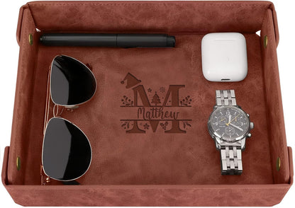 Engraved Leather Valet Tray for Men – Personalized Catchall with Custom Name for Desk, Dresser, Nightstand – Men's Organizer Tray for Keys, Wallet, Jewelry, Personalized Gift for Home, Office - Coffee