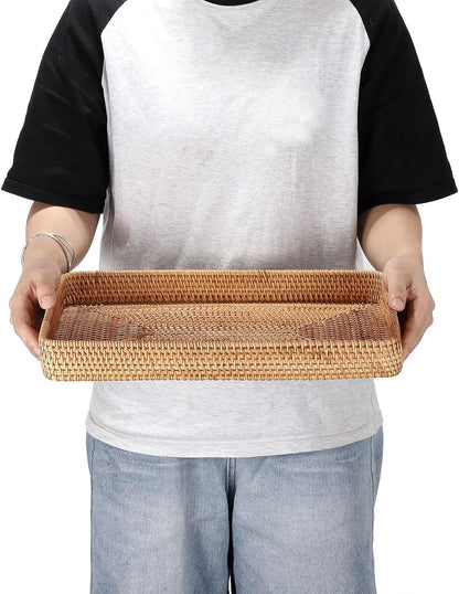 Hipiwe Key Basket Tray for Entryway Table Rattan Serving Tray Handwoven Wicker Baskets Vanity Trays Square Decorative Fruit Trays for Kitchen Counter Bedside Living Room Bathroom, 8.1"