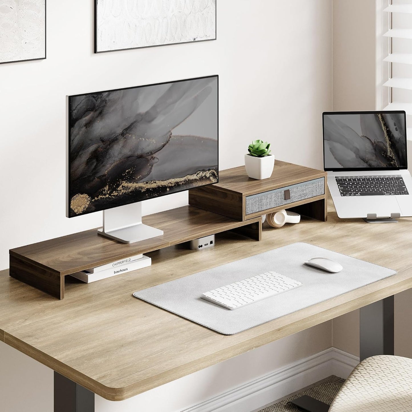 Fenge Computer Monitor Riser Stand with Drawer for 2 or 3 Monitors ,Adjustable Length and Angle Desktop Laptop Stand,Office Organizer,Printer,Black
