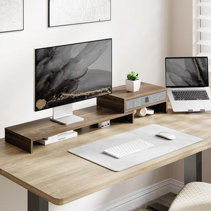 Fenge Computer Monitor Riser Stand with Drawer for 2 or 3 Monitors ,Adjustable Length and Angle Desktop Laptop Stand,Office Organizer,Printer,Black