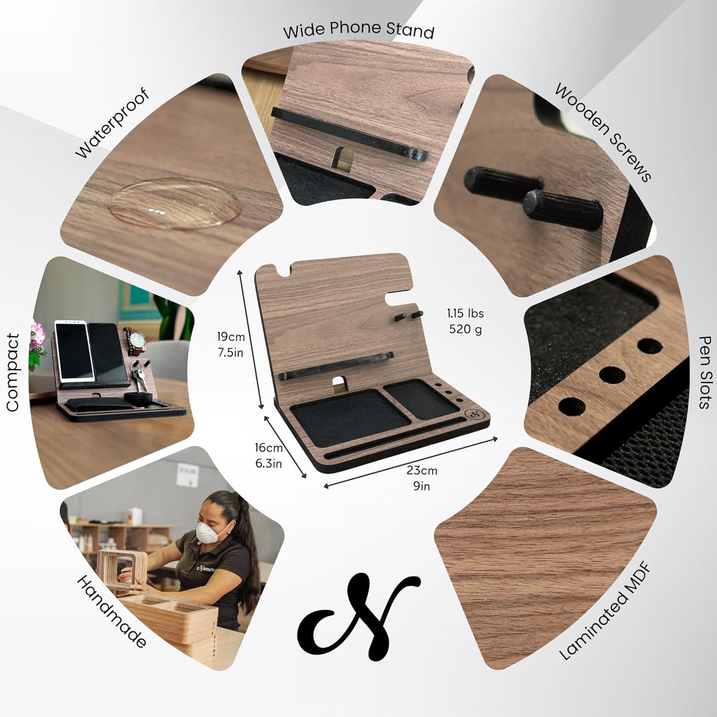 Namore Wood Phone Docking Station for Men – Nightstand & Desk Organizer with Valet Tray for Wallet, Watch & Keys – Bedside Organizer Gift for Husband or Dad