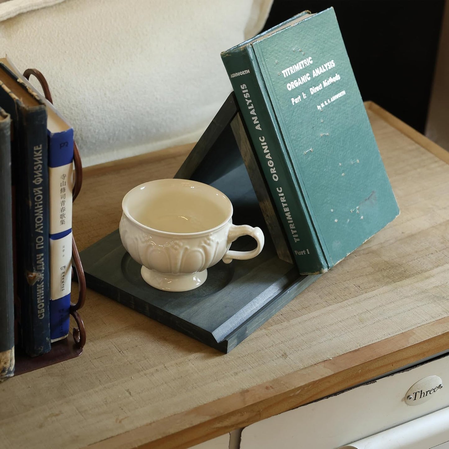 LITIVY Wooden Book Holder with Drink Holder, Wooden Triangle Bookmark Reading Rest with Slotted, Book Display Bookmark Book Holder Decor for Coffee and Book Lover Gifts (Greenish Gray)