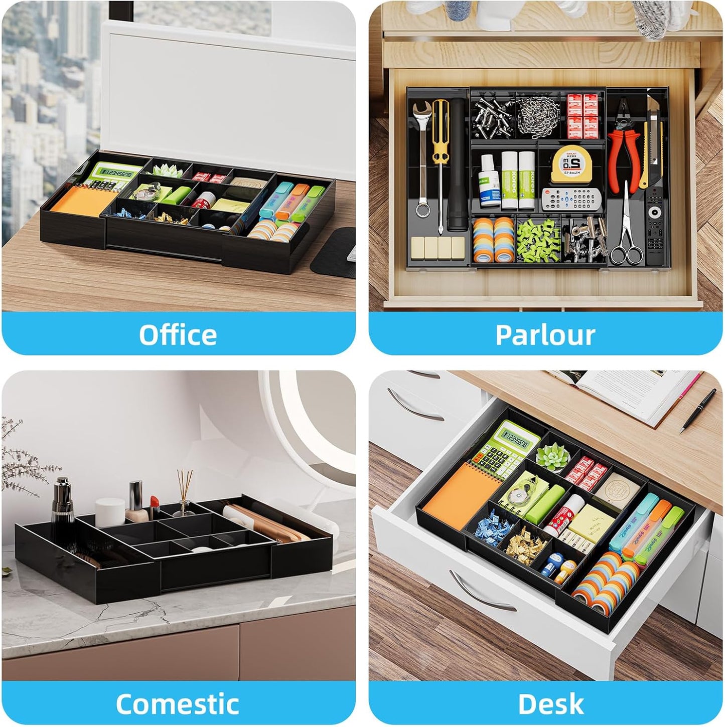 Marbrasse Expandable Desk Drawer Organizer, Clear Plastic Drawer Organizer Tray with 10 Adjustable Compartments, Desk Organizers and Accessories, 5 Drawer Dividers for Office Supplies, Makeup(Black)