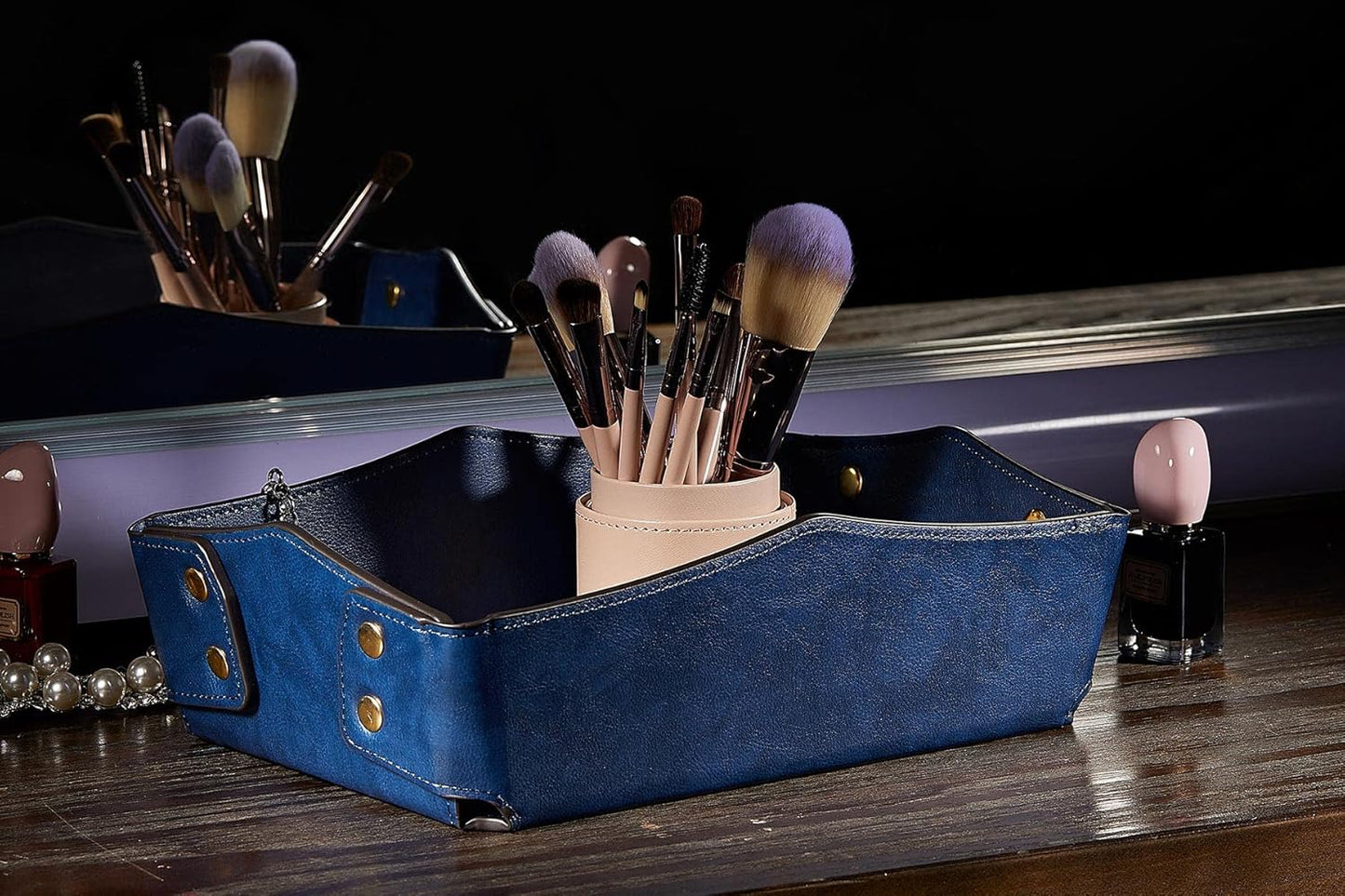 Leather Bedside Storage Tray - Jewelry Organizer for Girl's Key, Wallet, Coin Box - Travel PU Valet Tray (Dark Blue)