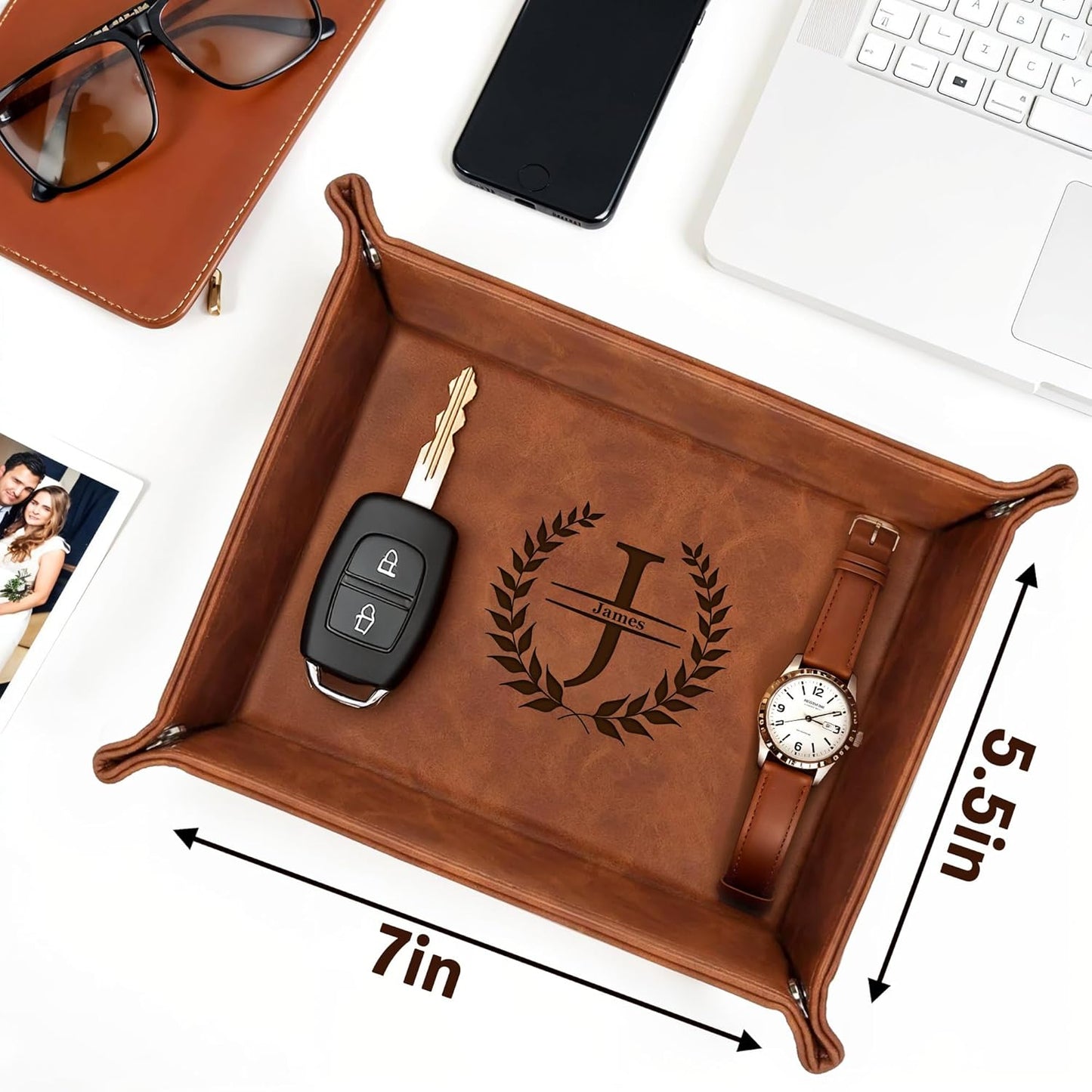 Personalized Engraved Leather Tray for Men with Engraved Name, PU Leather Valet Organizer for Dad, Custom Gift for Him, Custom Catchall Tray for Desk, Office, Accessories Travel Organizer for Men