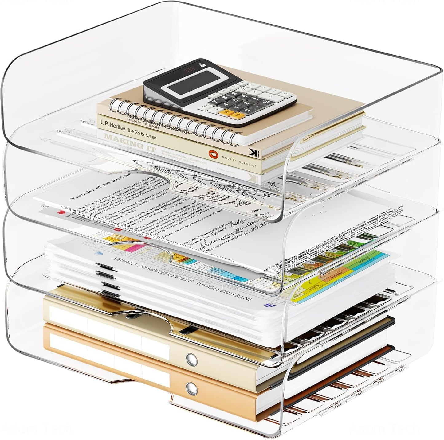 Tomorotec Desk Letter Tray Set, A4 Size Clear PET Stackable Document Organizer Office Desktop File Paper Holder Book Storage Rack Side Load Anti-Skid Stacking Support Convex Bottom (2X Landscape)