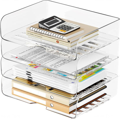 Tomorotec Desk Letter Tray Set, A4 Size Clear PET Stackable Document Organizer Office Desktop File Paper Holder Book Storage Rack Side Load Anti-Skid Stacking Support Convex Bottom (2X Landscape)