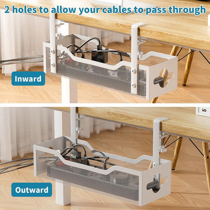 Under Desk Cable Management Tray No Drill, Metal Mesh Cable Management Under Desk with Clamp Mount, 2 Hole Cable Tray with Wire Management and Cord Organizer for Home Office Standing Desk
