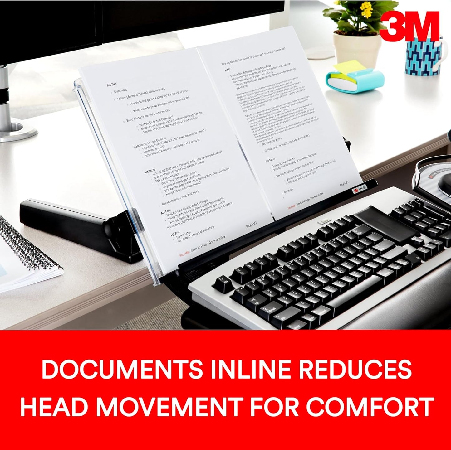 3M Adjustable Document Copy Holder, In-line with Monitor Minimizing Head and Neck Movement, 300 Sheet Capacity Holds Sheets to Books, Elastic Line Guide Keeps Pages Open, 18" Wide, Black (DH640)