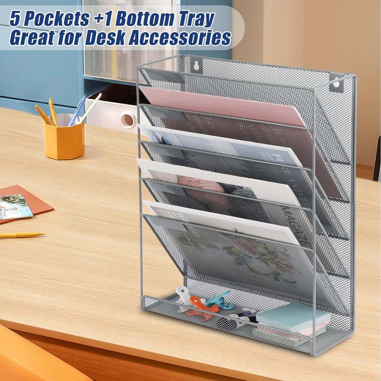 EASEPRES Desk File Organizer Mesh 6-Tier, Hanging Wall Mount Document Organization Stand, Desktop Vertical Mail Paper Folder Holder Rack with Bottom Tray for Office Home Cubicle Countertop, Black