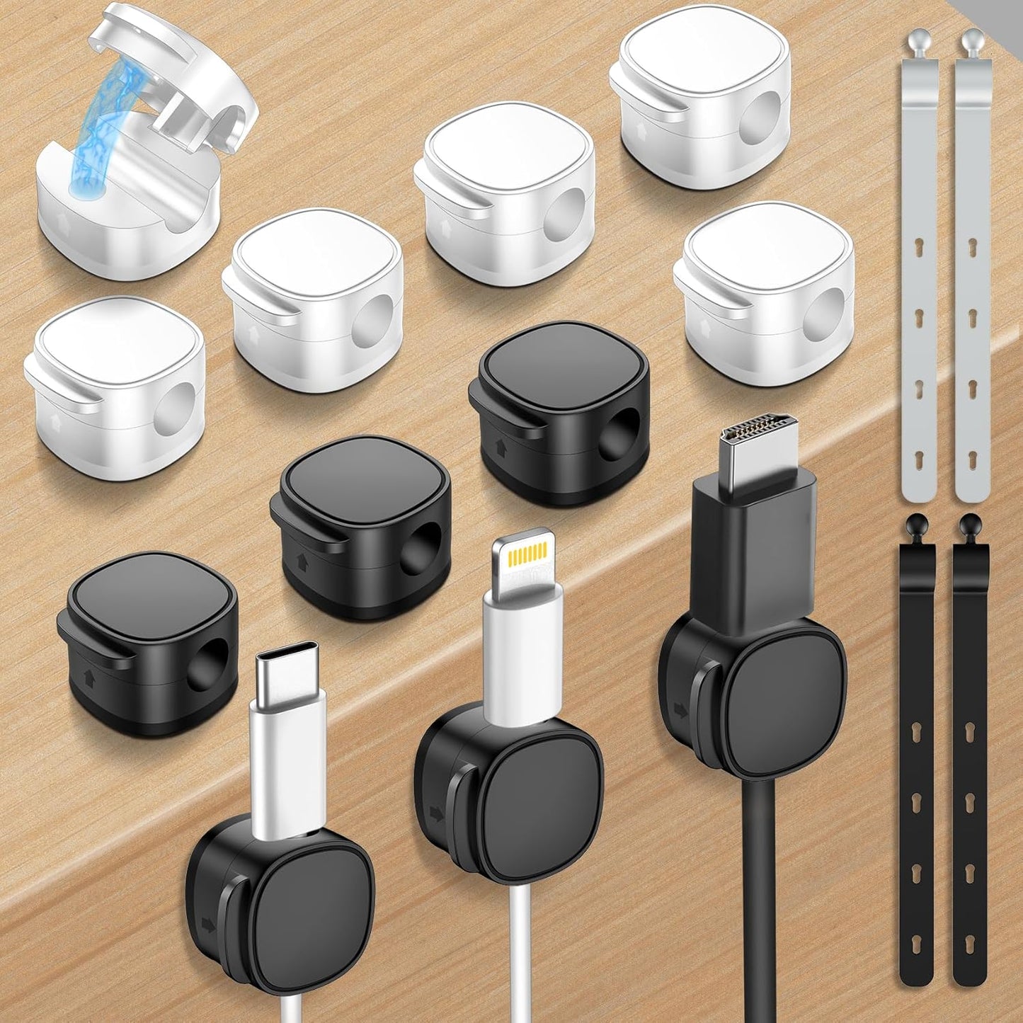 6 Pack,Magnetic Cable Clips & Silicon Cable Ties,[Cable Smooth Adjustable Under Desk Organizer],Cable Management,Cord Holder-Desk Stand Cable Organizer Holding,Adhesive for Home Cable Keeper
