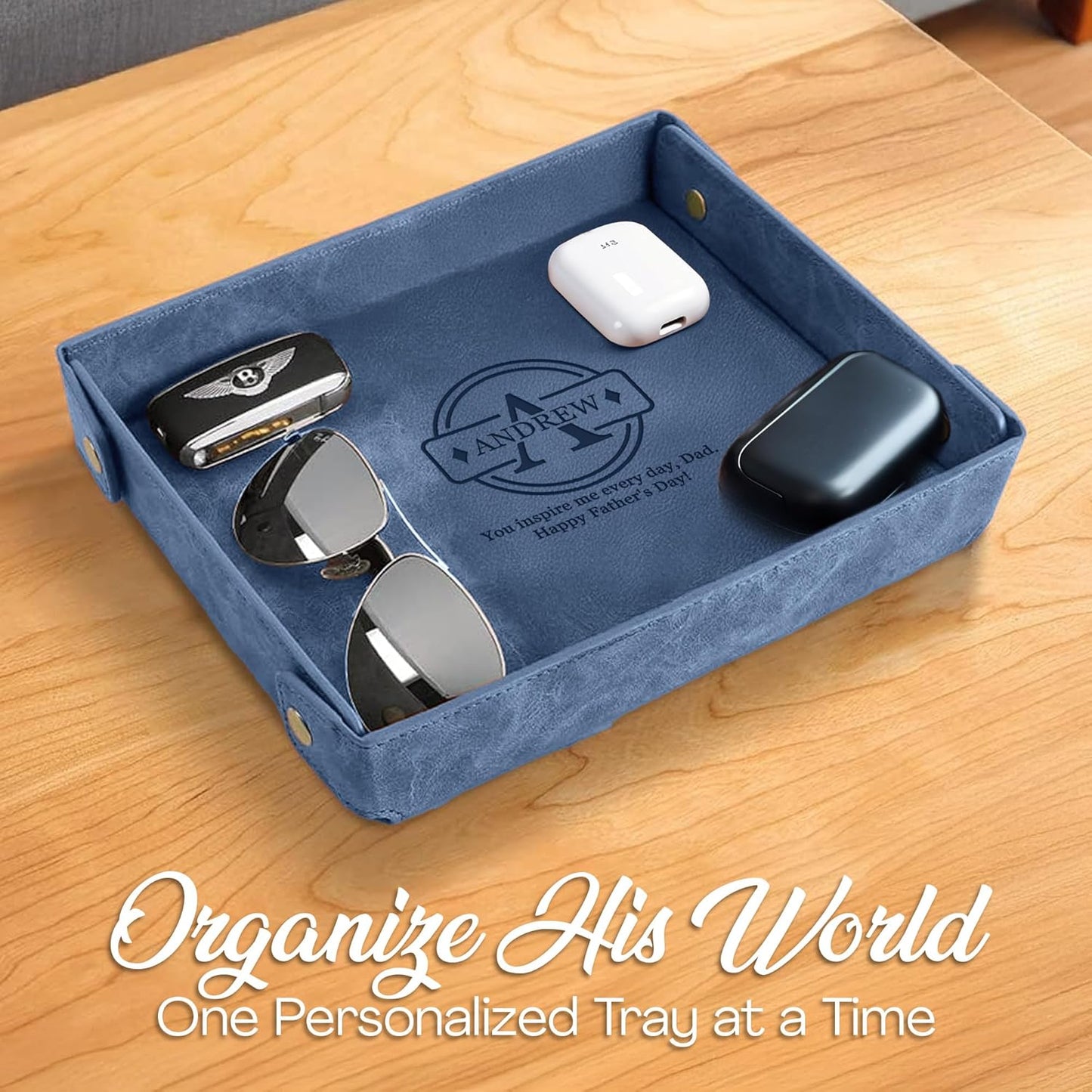 Engraved Leather Valet Tray for Men – Personalized Catchall with Custom Name for Desk, Dresser, Nightstand – Men's Organizer Tray for Keys, Wallet, Jewelry, Personalized Gift for Home, Office - Coffee