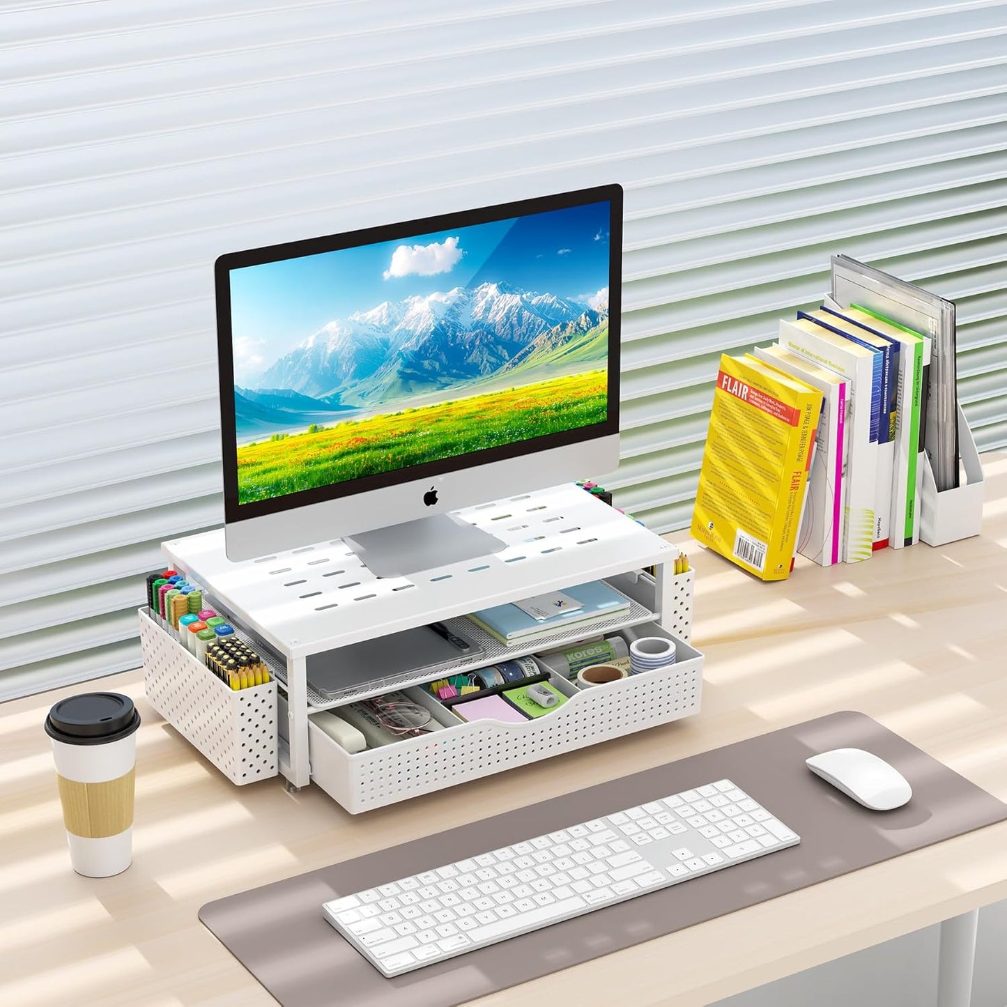 gianotter Wood Monitor Stand Riser, Office Desk Shelf Organizer, Desk Organizer with Drawer and Pen Holder, 2-Tier Computer Stand, Office Organization (Ink)