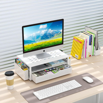 gianotter Wood Monitor Stand Riser, Office Desk Shelf Organizer, Desk Organizer with Drawer and Pen Holder, 2-Tier Computer Stand, Office Organization (Ink)