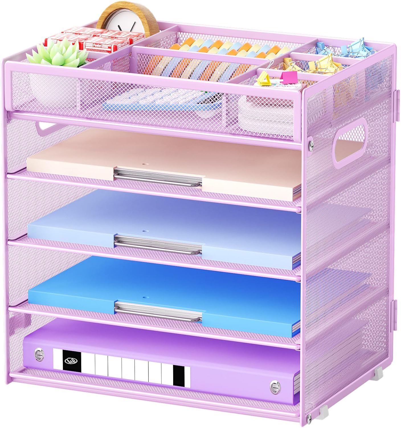 Marbrasse 5-Tier Letter Tray Paper Organizer with Handle, Multi-Functional Mesh File Organizer for Desk, Adjustable Compartments Mesh Desktop Storage for Office Supplies,Black