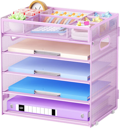 Marbrasse 5-Tier Letter Tray Paper Organizer with Handle, Multi-Functional Mesh File Organizer for Desk, Adjustable Compartments Mesh Desktop Storage for Office Supplies,Black