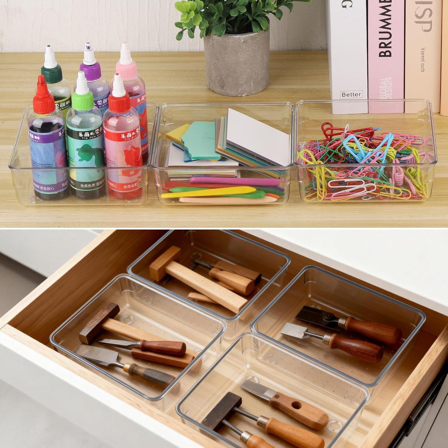 Ohlove 6 Pcs Large Clear Plastic Drawer Organizers Tray 15" x 6.3" Storage Bins with 25 Pcs Non-Slip Pads for Makeup, Jewelries, Kitchen Utensils, Bathroom and Office