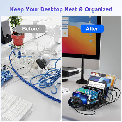 320W Charging Station for Multiple Devices, 10 Ports Fast Multi-Device Charger Organizer Compatible with MacBook Pro Laptop, iPhone, Android, Ipad, Tablet, Kindle, Family Multi-Device Charging Dock