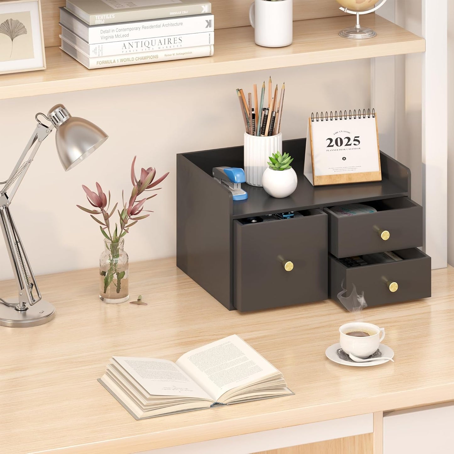 Bamboo Desk Organizer with Drawers Wooden Desktop Storage Organization Box for Bills Office Supplies Kitchen Utensils Organizing Tool for Home Classroom Vanity, No Assembly Required (3 Drawer, Black)