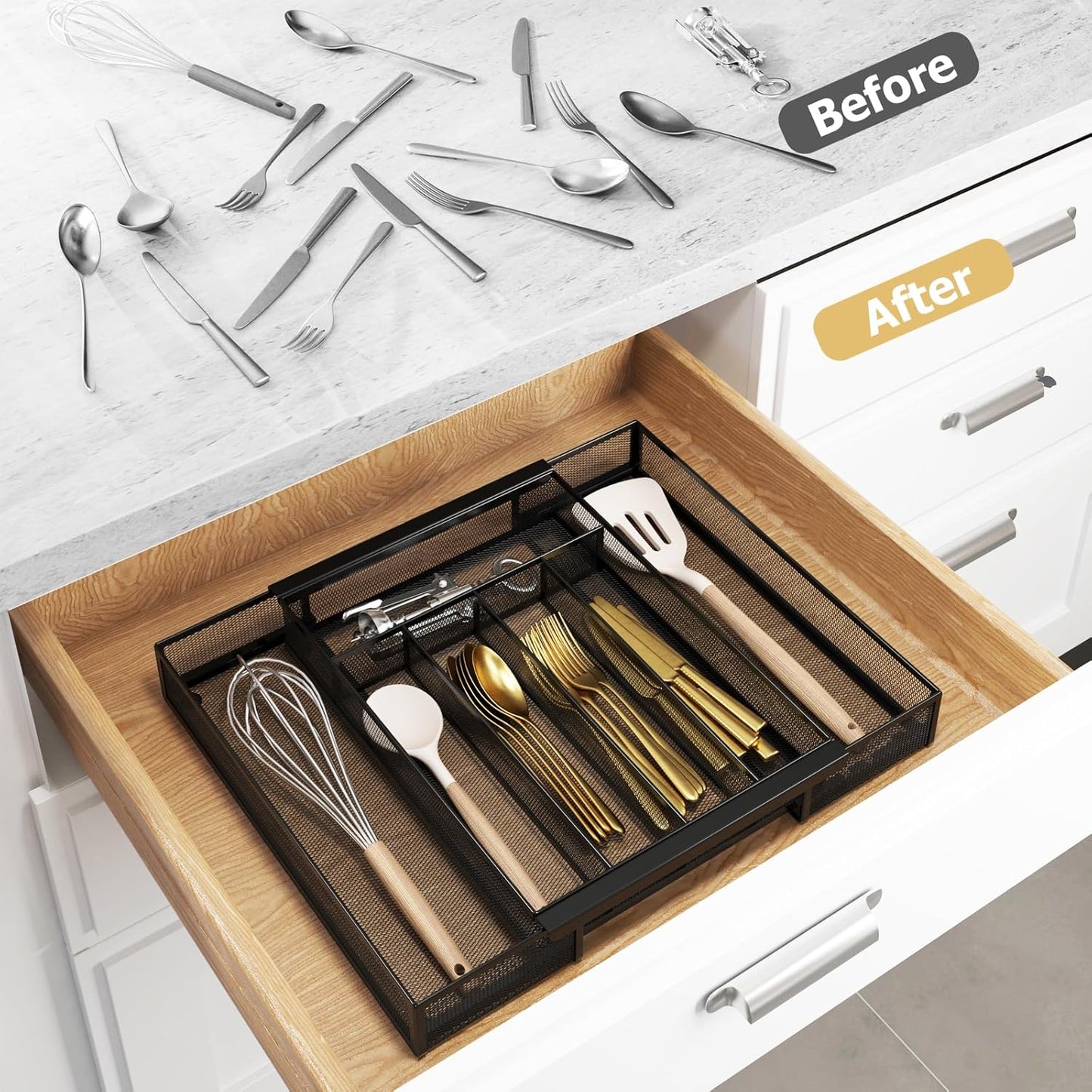 Sedegn Silverware Organizer Metal Mesh, Small Drawer Organizer, Utensil Cutlery Tray for kitchen drawers, Flatware Organizer with 5 Compartment, Black(9.3"*12.6")