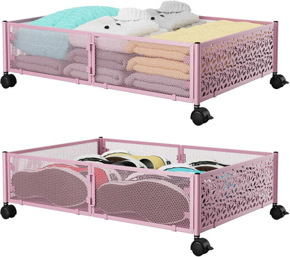 PHINOX Under Bed Storage Containers with Wheels, Under Bed Shoe Storage Organizer Drawer, Tool-free Assembly Metal Storage Containers for Bedroom Clothes Shoes Blankets -2PCK