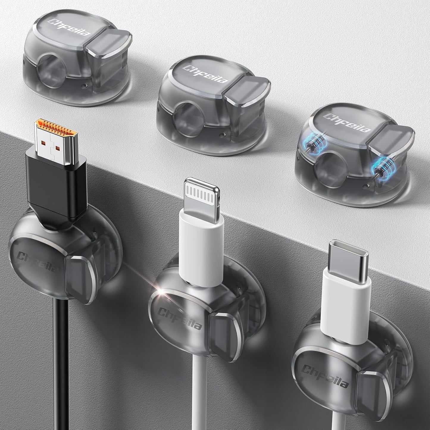 8Pack Cord Organizer [Dual Spring & Clasp, Max Secure] Cable Clips - Chfeila Cable Management, Adhesive Phone Charging Wire Holder for Nightstand/Wall, Home Office Desk Accessories Decor Essentials