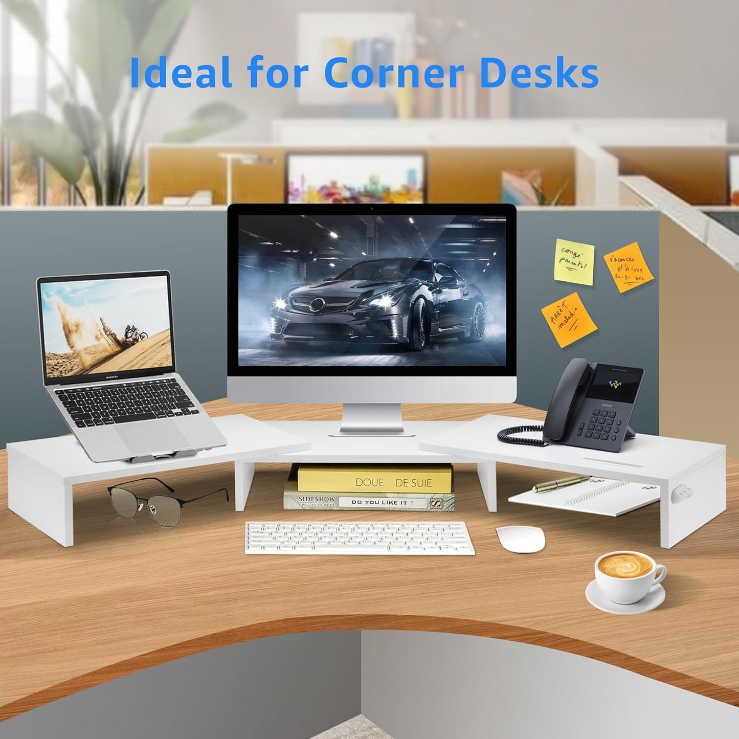 La Jaco Dual Monitor Stand Riser for 2 Monitors, Monitor Stand for Desk, Adjustable Length & Swivel Angle Wooden Desktop Organizer Stand Riser with Smartphone Holder for PC Monitor Laptop, White