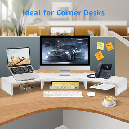 La Jaco Dual Monitor Stand Riser for 2 Monitors, Monitor Stand for Desk, Adjustable Length & Swivel Angle Wooden Desktop Organizer Stand Riser with Smartphone Holder for PC Monitor Laptop, White
