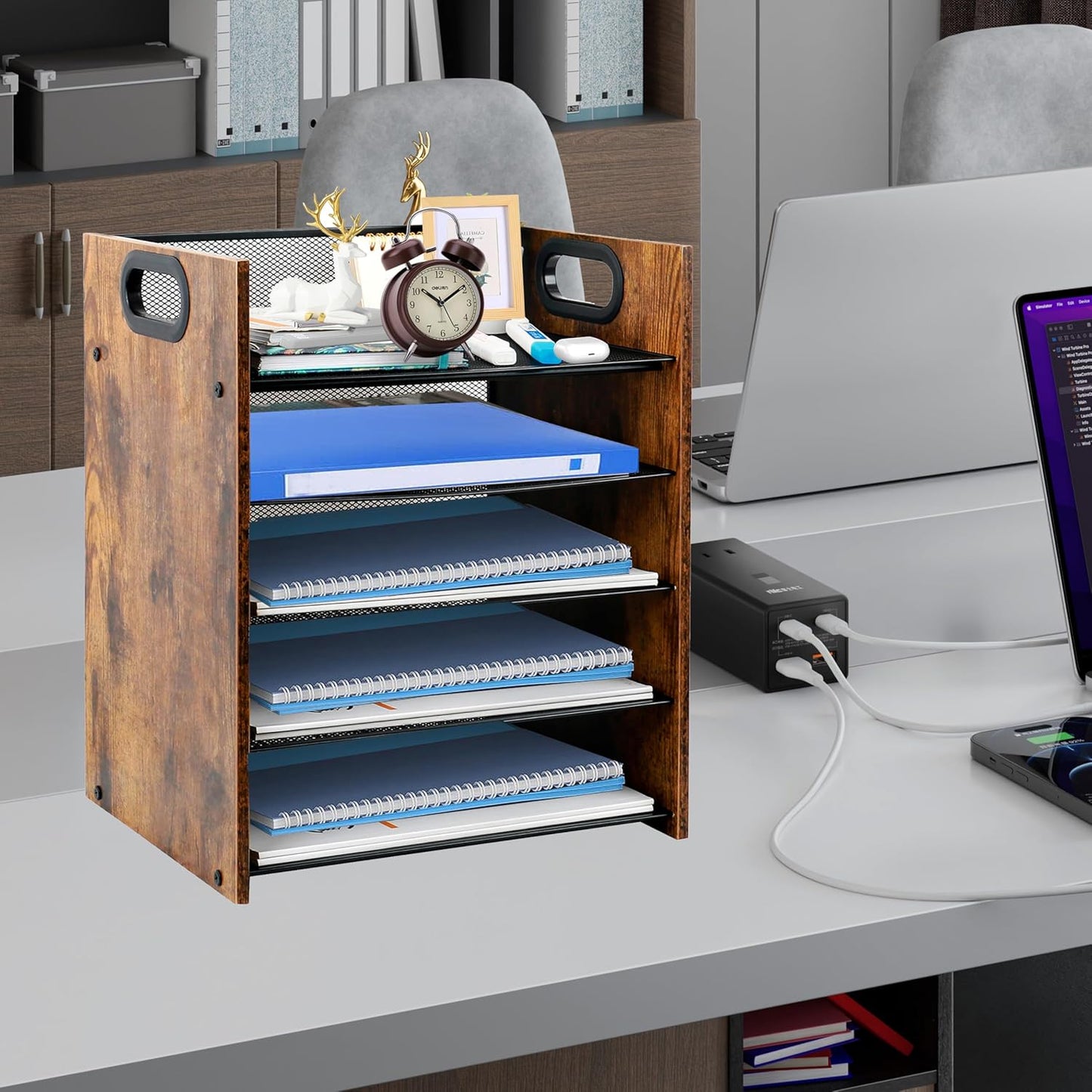 Wood Desk Organizer - 3-Tier Desktop File Organizer with Drawer, Wooden Paper Tray, Office Desk Organzier and Accessories for Papers, Mail, Notebooks, Stationery