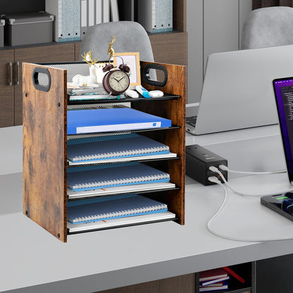 Wood Desk Organizer - 3-Tier Desktop File Organizer with Drawer, Wooden Paper Tray, Office Desk Organzier and Accessories for Papers, Mail, Notebooks, Stationery
