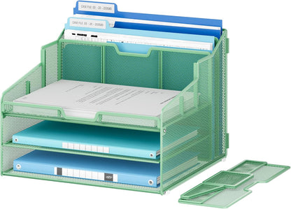 Lavatino Desk Organizer - Metal Mesh with 2 Paper Letter Trays, 7 Flexible Dividers, 2 Vertical File Holders for Office/Home/Classroom Supplies, Desk Organizers and Accessories, Black
