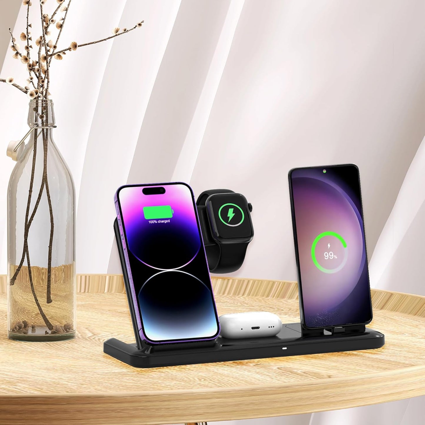 Wireless Charger for iPhone Charging Station, Foldable 4 in 1 Fast Charging for iPhone 16 15 14 13 12 Pro Max Plus, Charger Stand for Apple Watch & Airpods 4 3 2 Pro,for Samsung Series Black