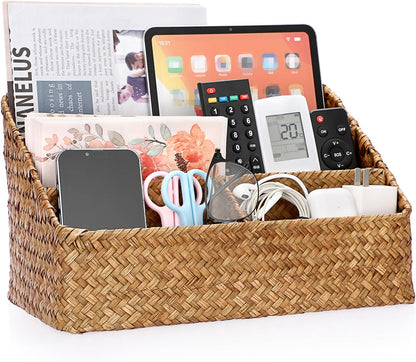 BTSKY Woven Storage Basket Natural Seagrass Vertical Wicker Storage Baskets with 4 Compartments Desk Organizers and Storage Magazine File Holder Home Office Supplies Sorter Rack, Coffee