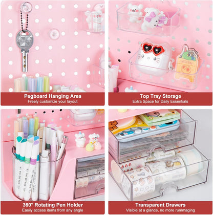 Comix 360° Rotating Pen Holder for Desk, Cute Pencil Holder Pen Organizer, Beige Acrylic Pencil Cup Caddy with 5 Slots for Home School Office Supplies