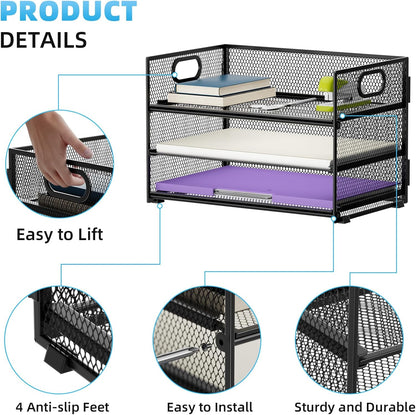 Marbrasse 3 Tier Paper Organizer Letter Tray, Mesh File Organizer with Handle, Paper Sorter Desk Organizer for Home Office Supplies