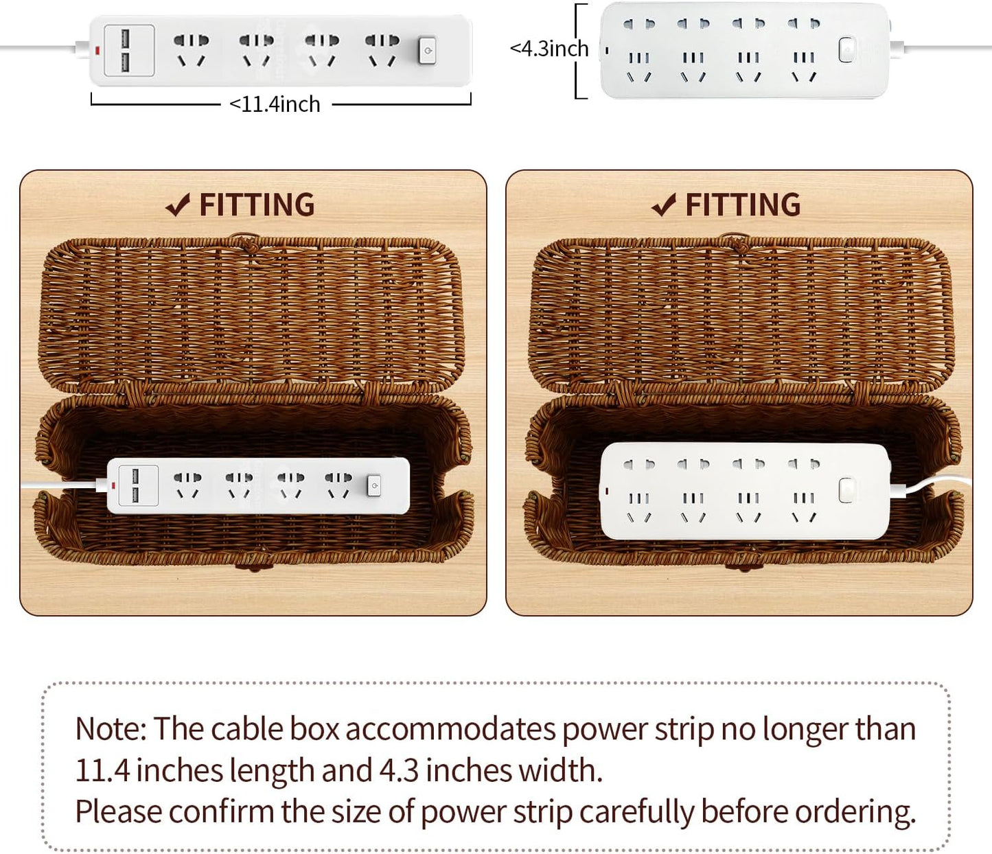 Cable Management Box, Desk Handwoven Rattan Cord Hider Cable Organizer Box With Lid Button Lock, Power Strip Cover Wicker Decorative Basket, Floor Wire Hiding Extension Cord Box (dark brown)