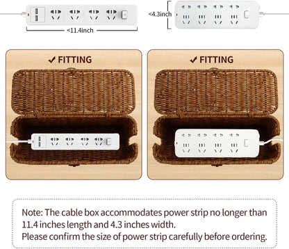 Cable Management Box, Desk Handwoven Rattan Cord Hider Cable Organizer Box With Lid Button Lock, Power Strip Cover Wicker Decorative Basket, Floor Wire Hiding Extension Cord Box (dark brown)