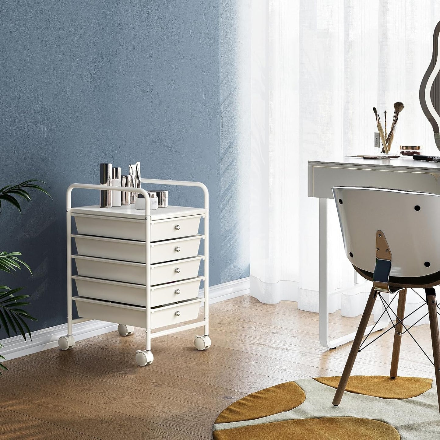 4-Tier Utility Cart with 4 Drawers, Rolling Utility Cart with 2 Lockable Caster Wheels, Multipurpose Mobile Rolling Drawer Cart for Office Bathroom Kitchen, Ivory White