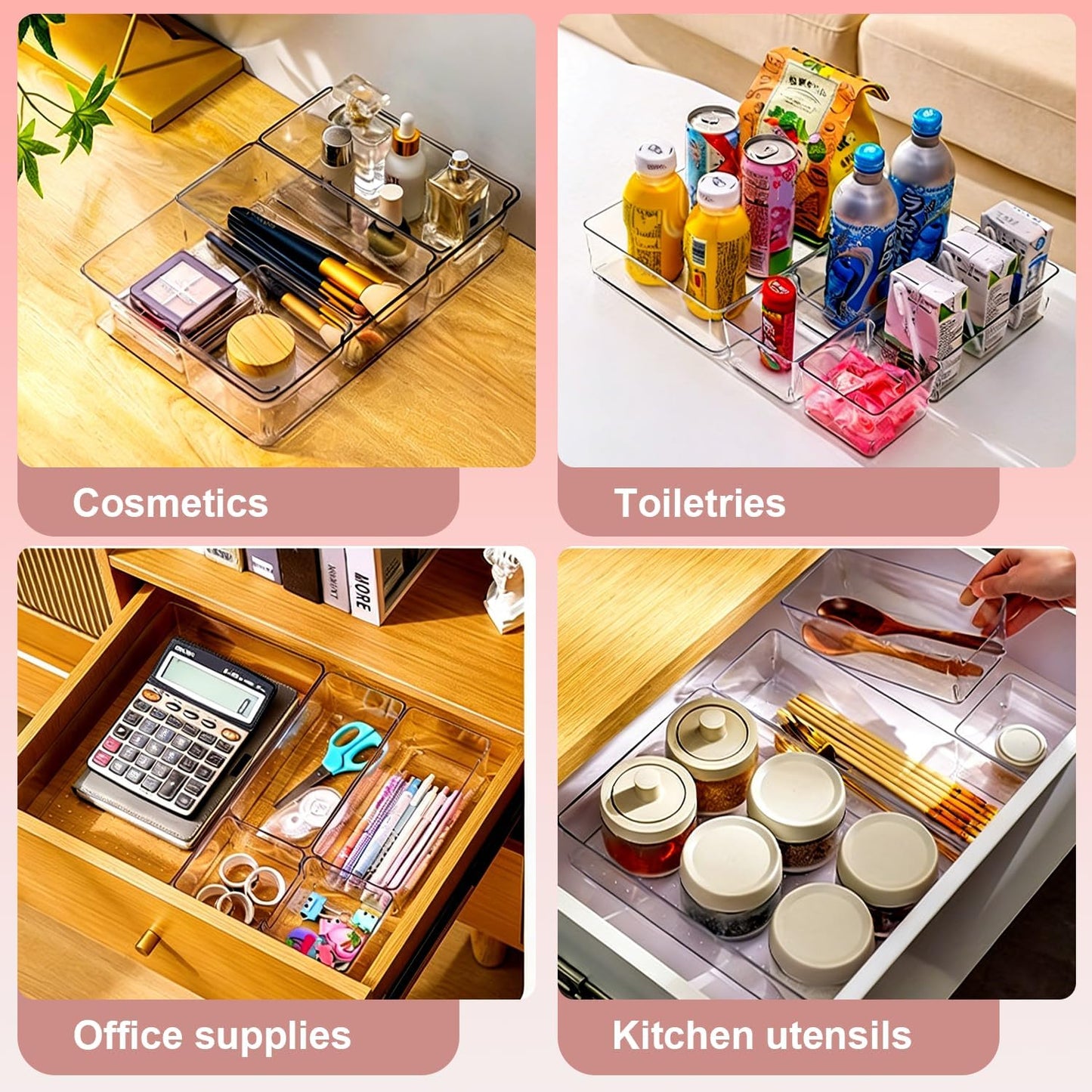 25-Piece Clear Plastic Drawer Organizer Set with 4 Sizes - Compartment Storage Bins, Drawer Dividers for Home, Office, Makeup, Jewelry, Gadgets, Kitchen and Bathroom Organization